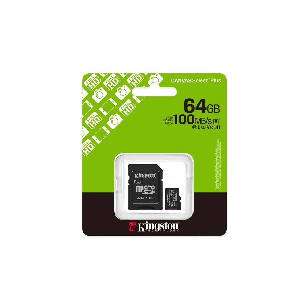 Kingston SDCS3-64GB 64GB microSDXC Canvas Select Plus Gen3 100MB-s A1 Card + Adapter Hafıza Kartı 