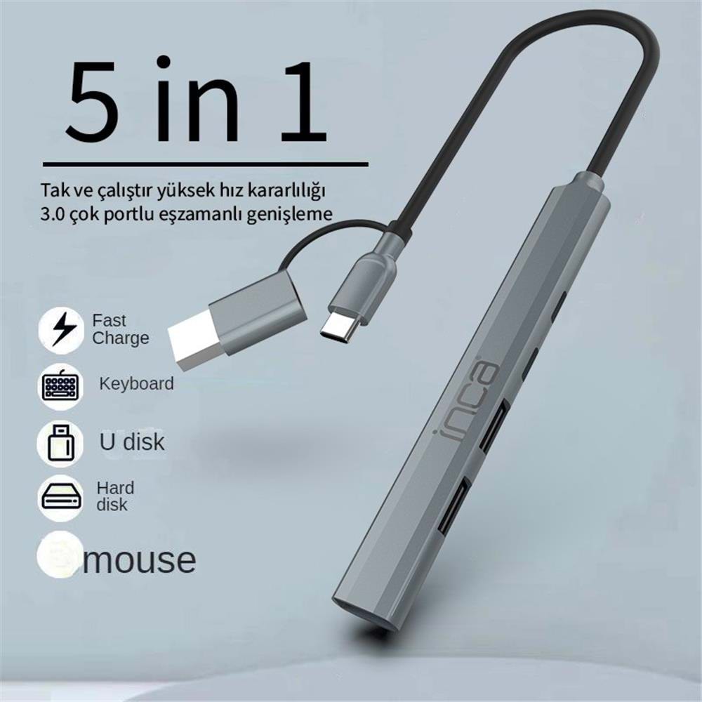 Inca IUTP-06TX 5in1 USB 3.0 + 2xUSB 2.0+Type-C+PD 100W USB+Type-C Çoklayıcı 3.0 ile 5 Gbps