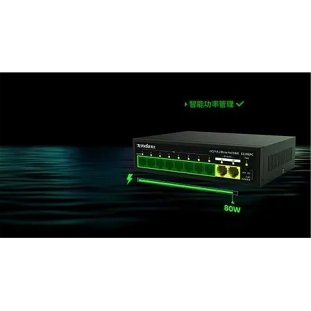 Tenda S110GPC 10 Port 8 Port Poe+ 10-100 Mbps + 2 Port 10-100-1000 Uplink Switch Çelik Kasa