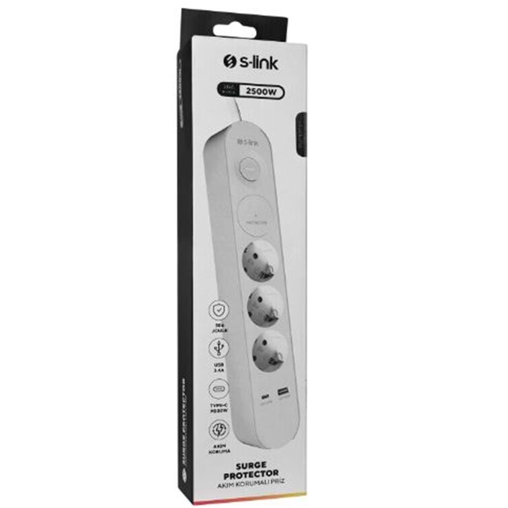 S-link SPG3-PD20 PD20W H05VV-F 3G1.0mm, 1.5m 3 lü 306 J Akım Korumalı Beyaz + Gri Priz