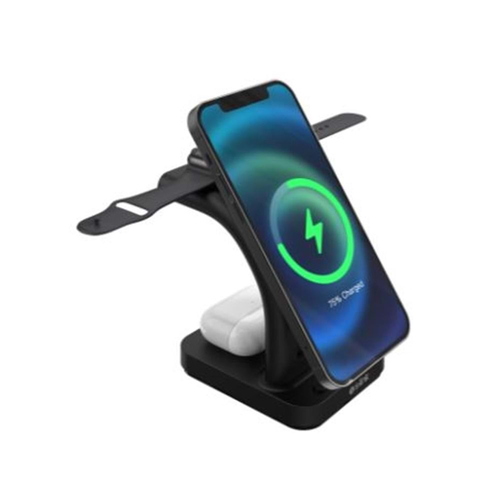 S-link SW-CWF130 Siyah Telefon Kulaklık Akıllı Saat 15W 3 in 1 Magsafe Led Logo Kablosuz Şarj Cihazı