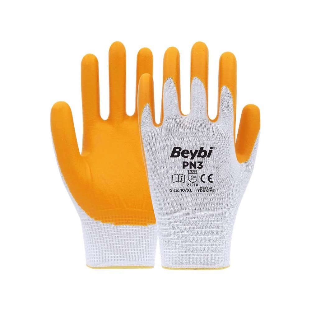 Beybi PN3 Beyaz Sarı 10 Beden Polyester Örme Nitril Eldiven 12li Paket EN388 (2121X)