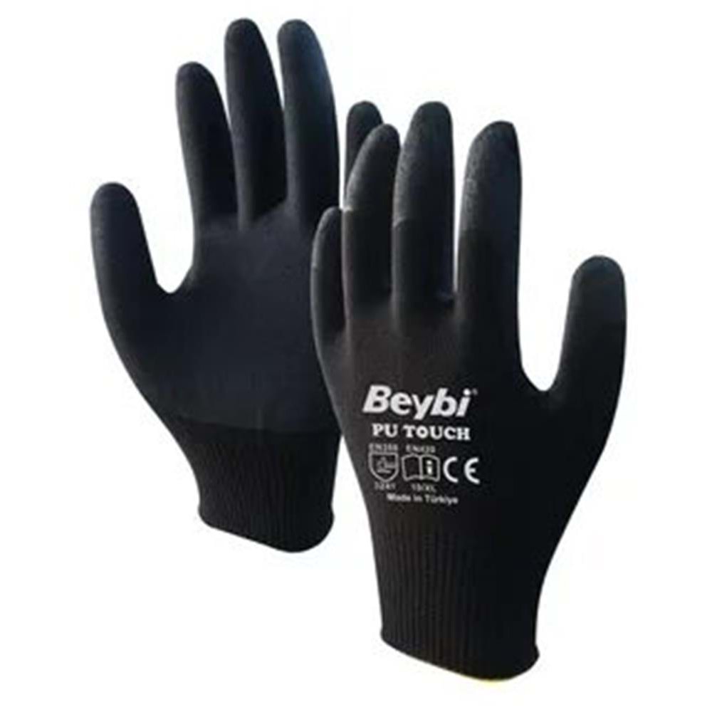 Beybi 9 Beden 12li Paket Poliüretan Kaplı Pu Touch Siyah Montaj Eldiven EN388 (3121X) 