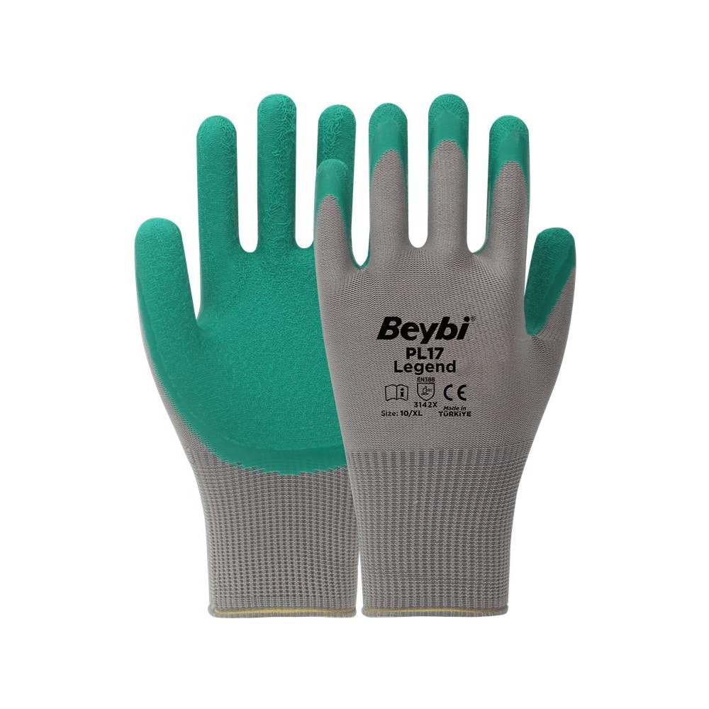 BEYBİ PL17 10 Beden Gri-Yeşil 12li Paket Legend Polyester Örme Lateks Eldiven