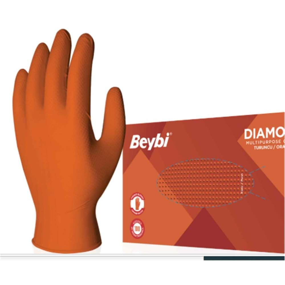 Beybi Diamond Pudrasız M Beden Kalın Turuncu Nitril Eldiven Medıum 100 Adet