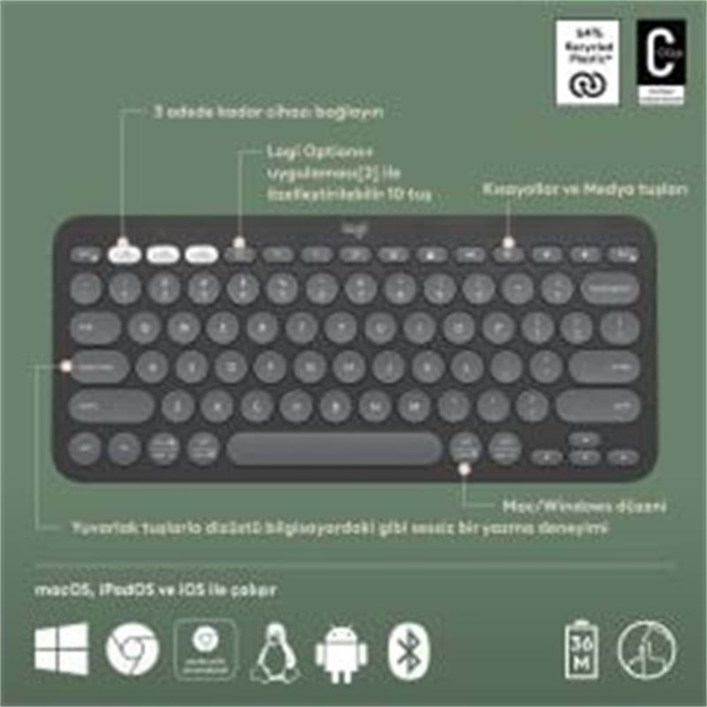 LOGITECH K380S PEBBLE KEYS 2 ÇOKLU CİHAZ ÖZELLİKLİ BLUETOOTH TÜRKÇE Q KLAVYE GRİ 920-011859 