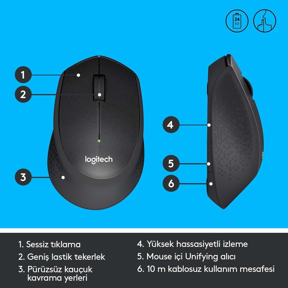LOGITECH M330 KABLOSUZ SESSİZ USB OPTİK MOUSE SİYAH 910-004909 