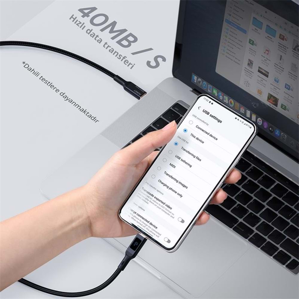 AUKEY CB-MCC102-BK 100W NAYLON ÖRGÜLÜ 5A 480MBPS TYPE-C TYPE-C LCD EKRANLI KABLO 1.8MT 