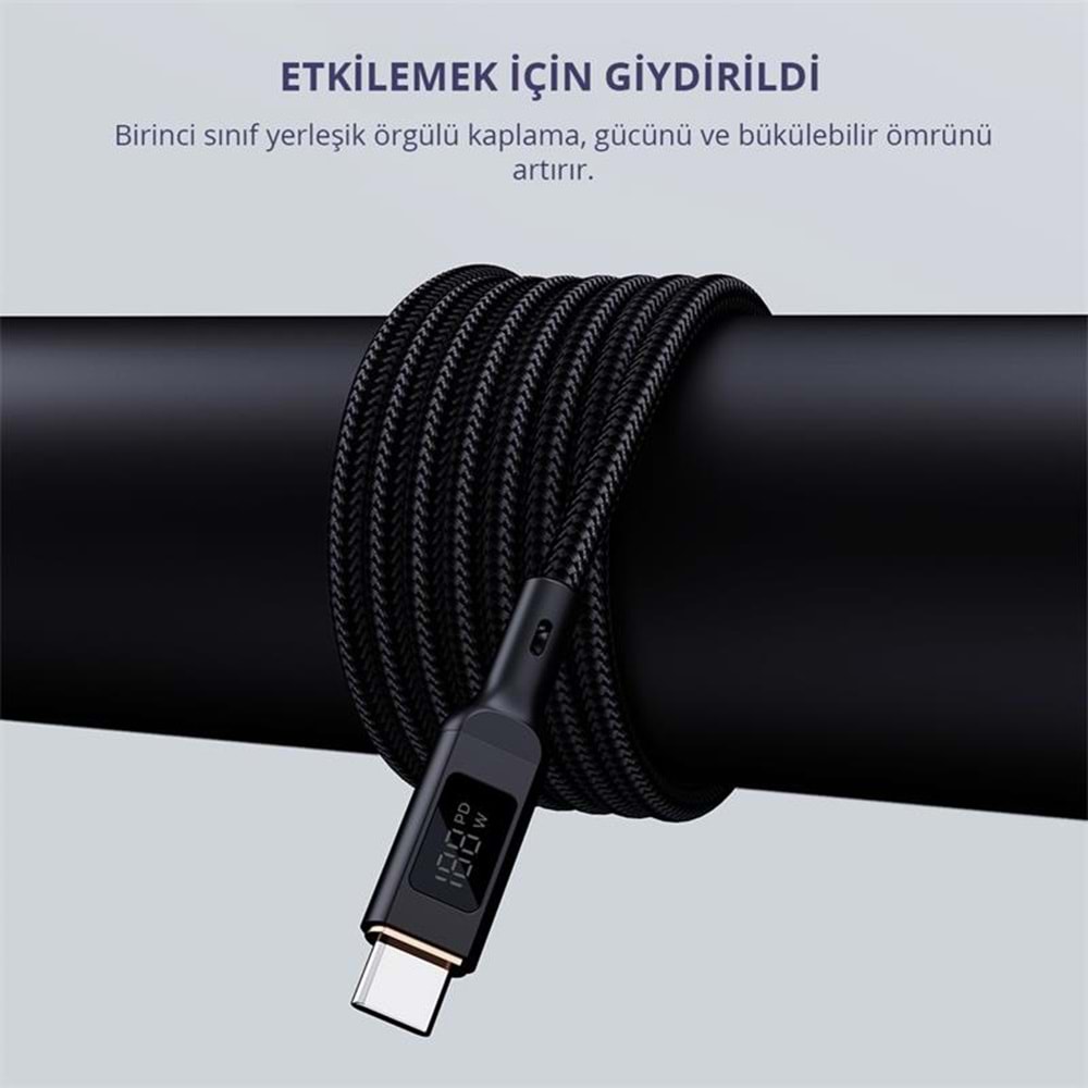 AUKEY CB-MCC102-BK 100W NAYLON ÖRGÜLÜ 5A 480MBPS TYPE-C TYPE-C LCD EKRANLI KABLO 1.8MT 