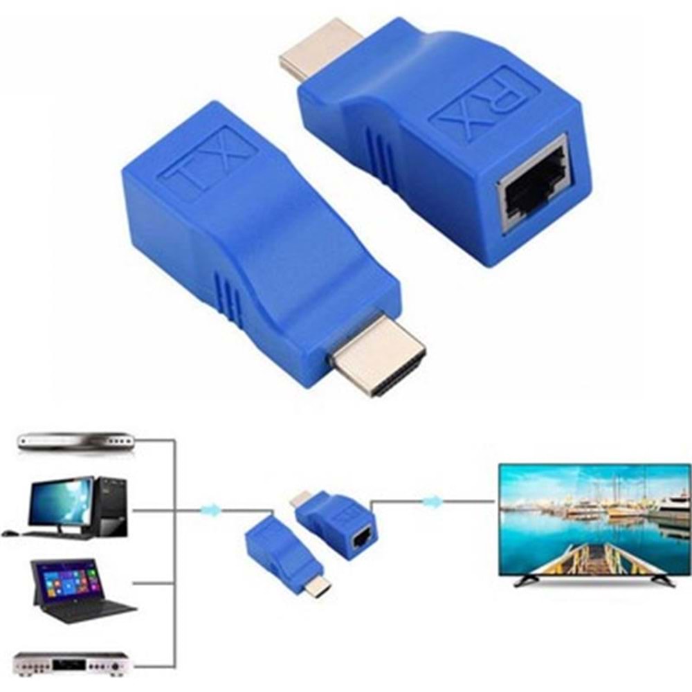 SENSEI 30 METRE HD-30 CAT6 HDMI EXTENDER İKİLİ MAVİ ADAPTÖR 