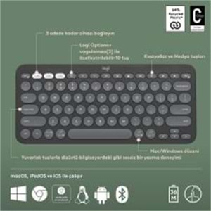 LOGITECH K380S PEBBLE KEYS 2 ÇOKLU CİHAZ ÖZELLİKLİ BLUETOOTH TÜRKÇE Q KLAVYE GRİ 920-011859 