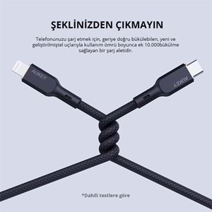 AUKEY CB-NCL1-BK NAYLON ÖRGÜLÜ 3A 480MBPS TYPE-C LIGHTNING KABLOSU 1.8MT 