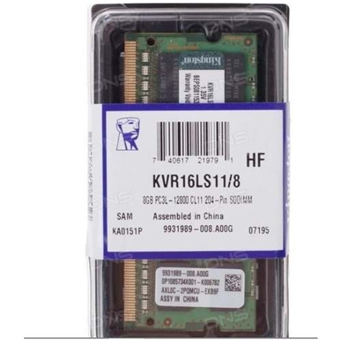 Kıngston 8Gb Ddr3L 1600Mhz Cl11 1.35V Kvr16Ls11-8WP (Pc3-12800) Notebook Ram