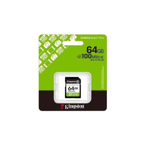 Kingston SDS3-64GB 64GB SDXC Canvas Select Plus Gen3 100MB-s C10 UHS-I U1 V10 Hafıza Kartı