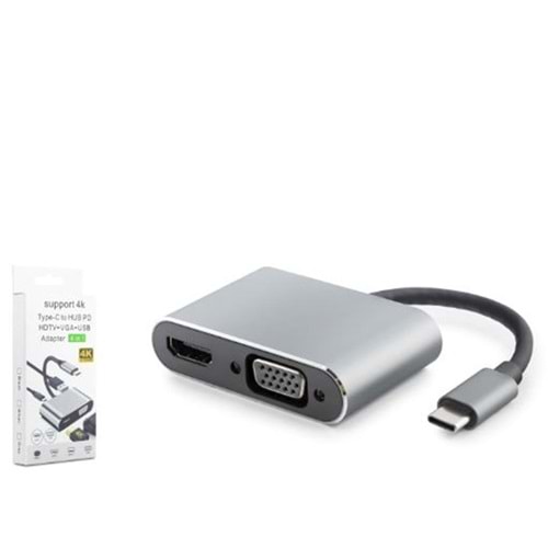 HADRON HDX7839 TYPE-C TO HUB HDTV 4K 30HZ + TYPE-C + USB + VGA 4IN1 GRİ