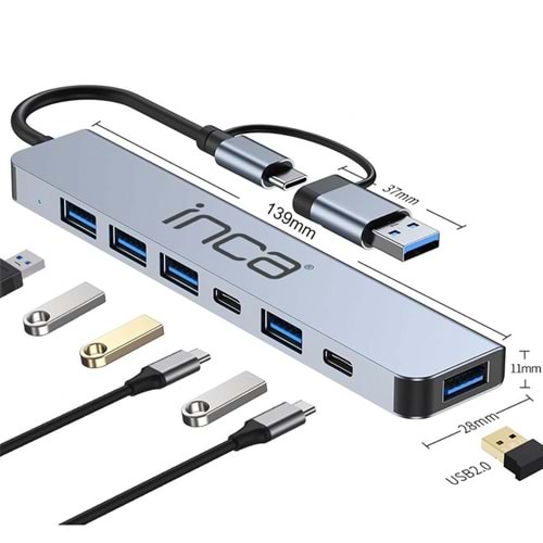 Inca IUTP-7T Usb+Type-c Girişli USB 3.0+4X USB 2.0 Type-C 5V 2X Type-C 100W Çoklayıcı
