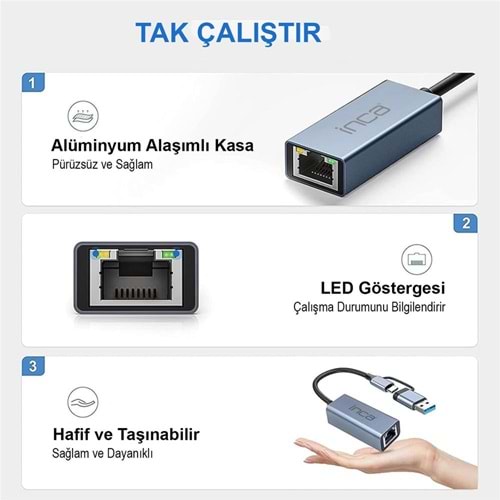 Inca IUTP-01TX Ethernet Adaptörü USB ve TYPE-Cye Bağlantı USB 3.0 ve TYPE-C 3.1 Alüminyum 1000Mbps 