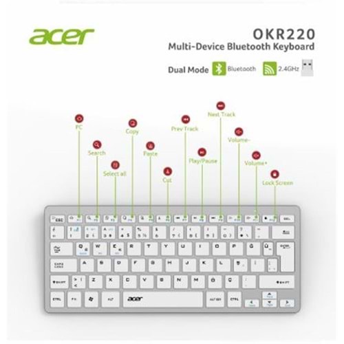 Acer OKR220 Beyaz MultiDevice Dual Mode 2.4GHZ Bluetooth Klavye (Smart Tv)(Android)