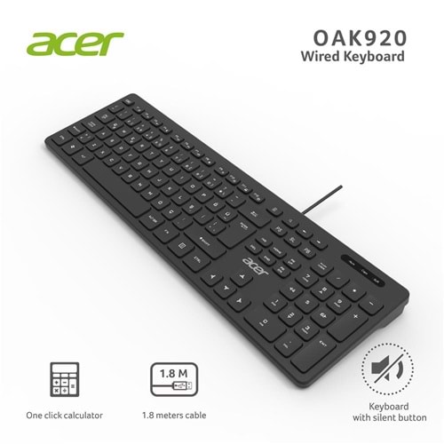 Acer OAK920 Q Usb SİYAH 1.8mt Kablolu Klavye-Tek Tuş Hesap Makinalı (Sessiz Tuş) 