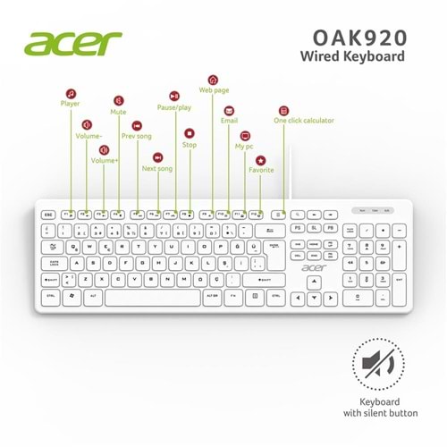 Acer OAK920 Q Usb Beyaz 1.8mt Kablolu Klavye-Tek Tuş Hesap Makinalı (Sessiz Tuş) 