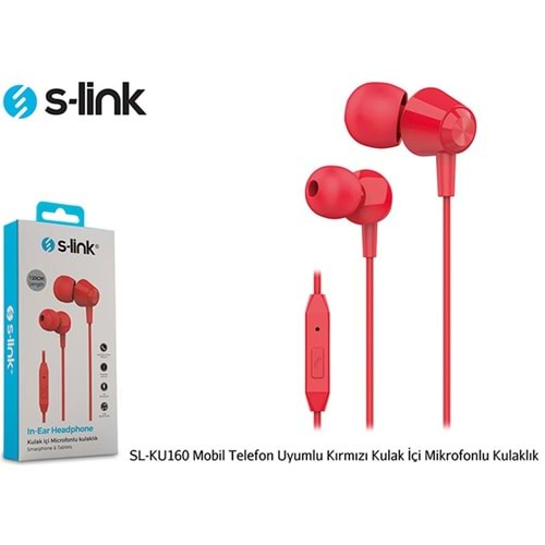 S-link SL-KU160 Mobil Telefon Uyumlu Kırmızı Kulak İçi Mikrofonlu Kulaklık 