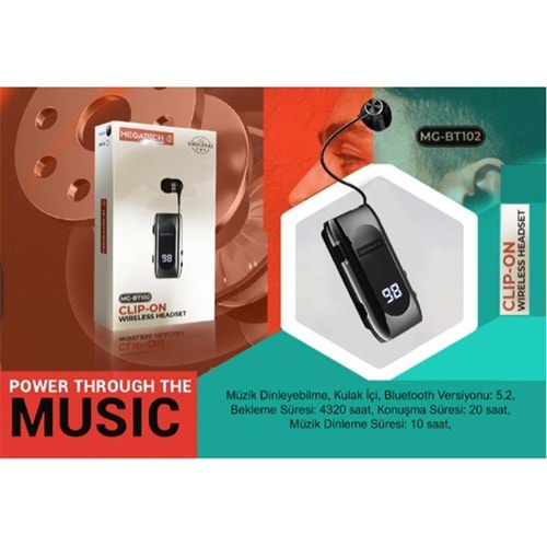 Megatech Mg-Bt102 Clıp-On Makaralı Digital Göstergeli Bluetooth Kablosuz Kulaklık 