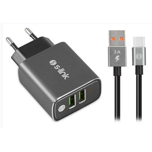 S-link SW-EHT36M 2 USB, 3.1A Metal Ev Sarj Cihazı ve Type-C Data + Sarj Kablosu