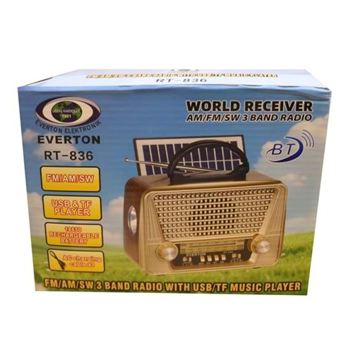 Everton Rt-836 Bluetooth Fm-Usb-Tf-Aux Solarlı Şarjlı Nostaljik Radyo