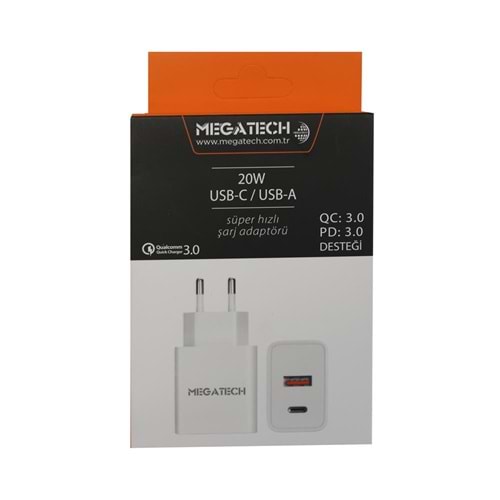 Megatech 20w Beyaz USB-C USB-A Şarj Kafa QC:3.0-PD:3.0 