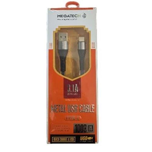 Megatech 3.1A Örgülü A Serisi Typ-c Data Kablosu Gri-Siyah