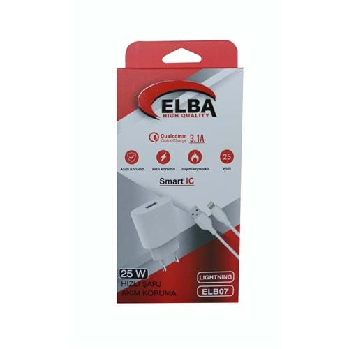 Elba ELB07-USB-25WIOS Beyaz 25W Usb Ev Şarj Kafa+ Usb 1mt Lightning Kablo QC4.0 Hızlı Şarj 