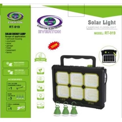 Everton Rt-919 Şarjlı 300w Solar Panelli Projektör (3 Adet Ampül) (Led Gösterge)