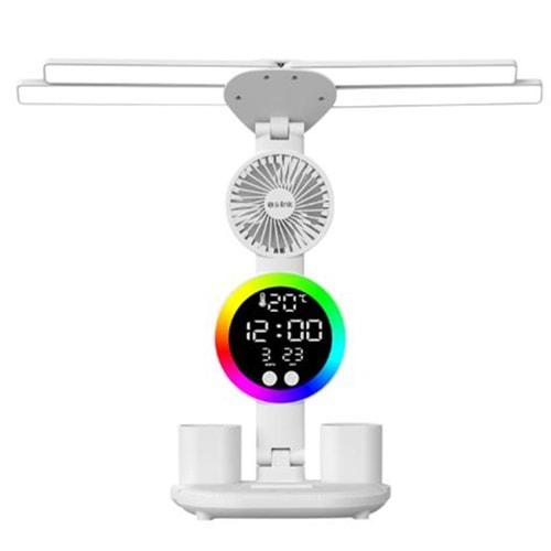 S-link SL-M9070 Glow Beyaz Dokunmatik Led Lamba Saat, Fan,Derece Kalemlikli Masa Lambası