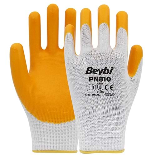 Beybi Nitril Poly Pn810 9 Beden Beyaz-Sarı 12li Eldiven 