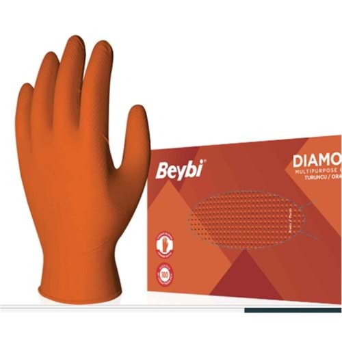 Beybi Diamond Pudrasız Xl Beden Kalın Turuncu Nitril Eldiven Ekstra Büyük 100 Adet