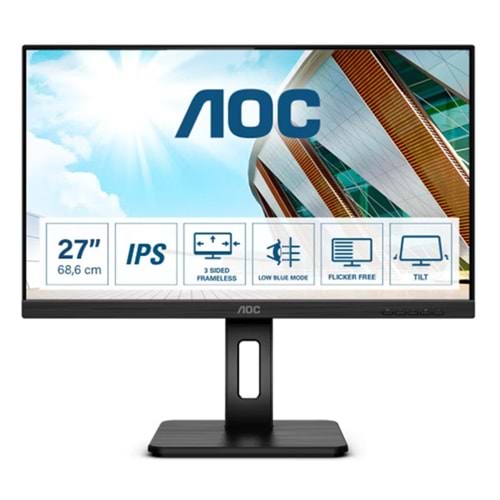 27 AOC Q27P2Q IPS 4MS 75MHZ 1XVGA 1XHDMI 1XDP 1XDVI 2K QHD 2560X1440 HOPARLÖR YÜKSEKLİK AYARI PIVOT VESA SİYAH 