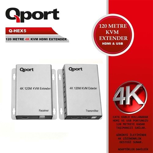 QPORT Q-HEX5 KVM 4K HDMI EXTENDER CAT6 120M 2 Lİ PAKET 