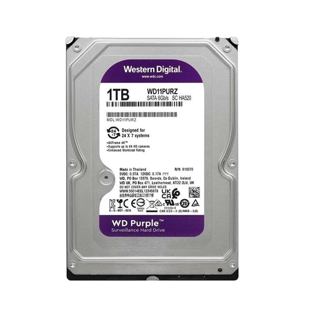 Wd 1Tb WD11PURZ 3.5 Purple Sata3 5400RPM 64MB 7-24 Guvenlık Harddisk (3 Yıl Resmı Dıst Garantılı)