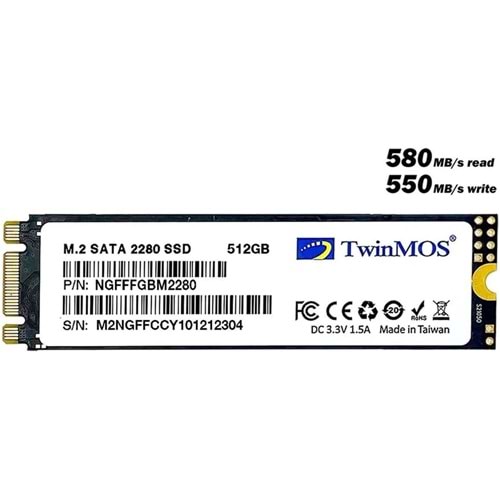 TwinMOS 512GB NGFFFGBM2280 M.2 2280 SATA3 SSD (580Mb-550Mb-s) 3DNAND Ssd Disk