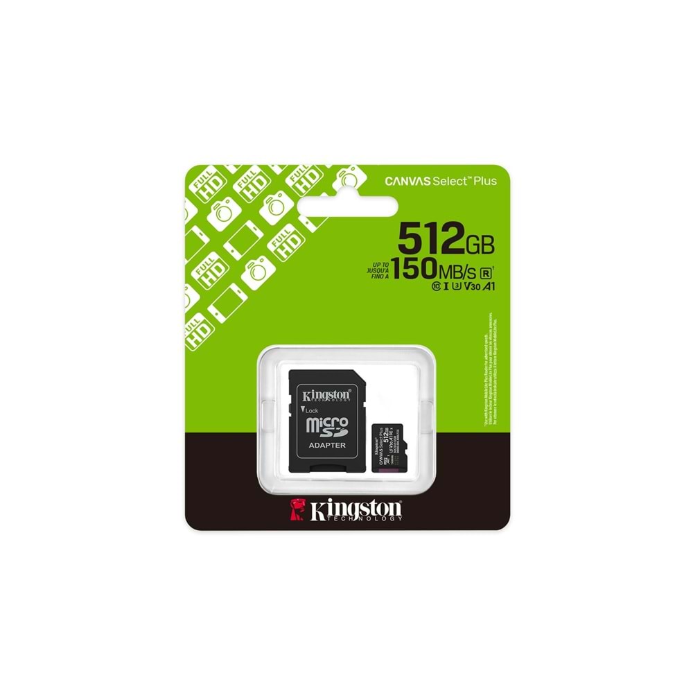 Kingston SDCS3-512GB 512GB microSDXC Canvas Select Plus Gen3 150MB-s A1 Card + Adapter Hafıza Kartı 