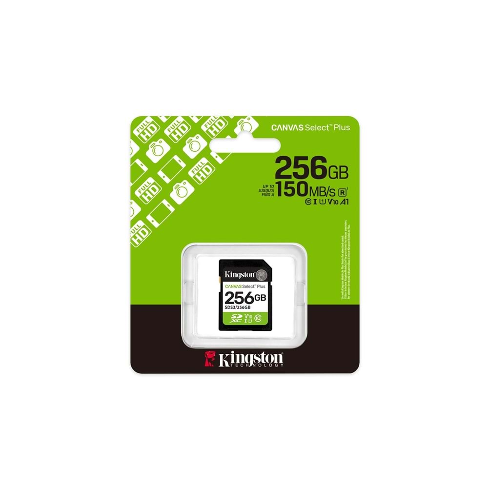Kingston SDS3-256GB 256GB SDXC Canvas Select Plus Gen3 150MB-s C10 UHS-I U1 V10 Hafıza Kartı