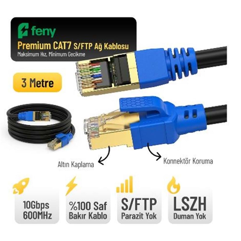 FENY FN-CAT7LS03 10GBPS İNTERNET 60MHZ 3 METRE CAT7 GOLD PATCH KABLO