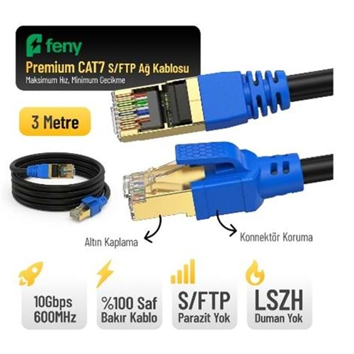 FENY FN-CAT7LS03 10GBPS İNTERNET 60MHZ 3 METRE CAT7 GOLD PATCH KABLO