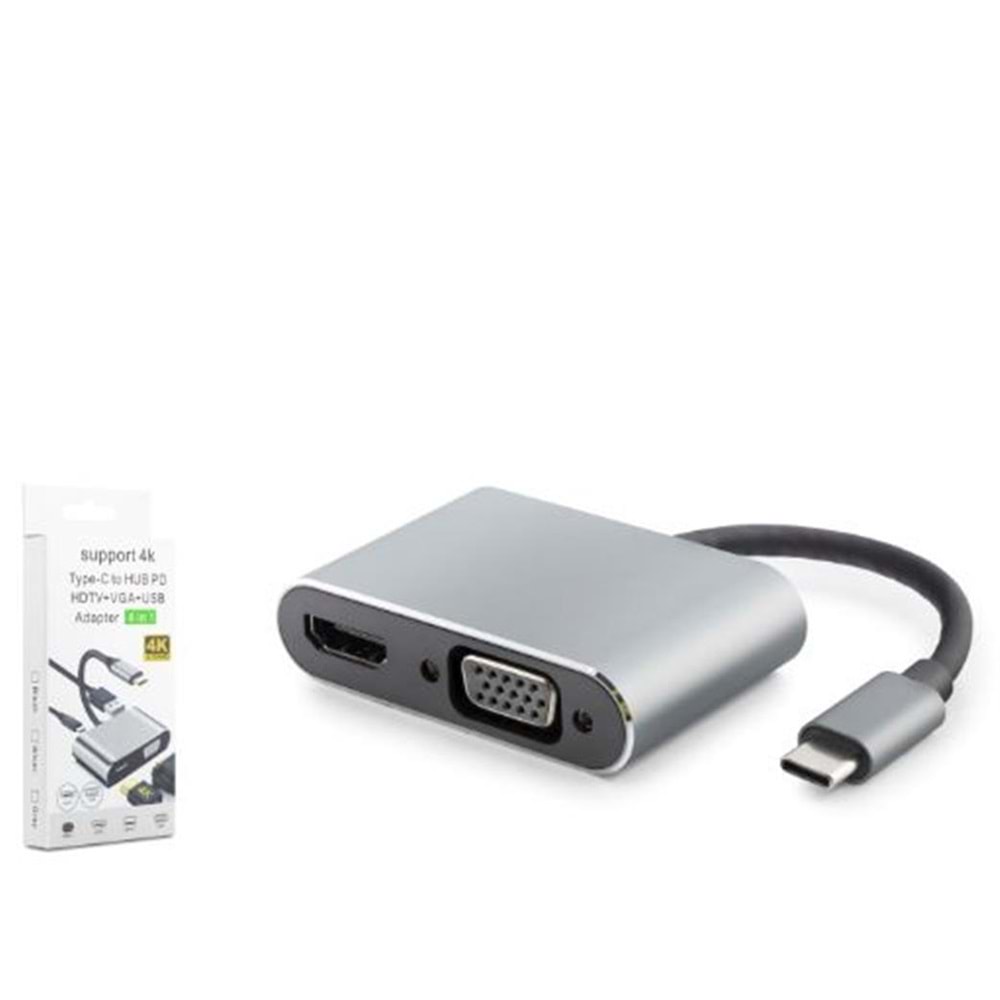 HADRON HDX7839 TYPE-C TO HUB HDTV 4K 30HZ + TYPE-C + USB + VGA 4IN1 GRİ