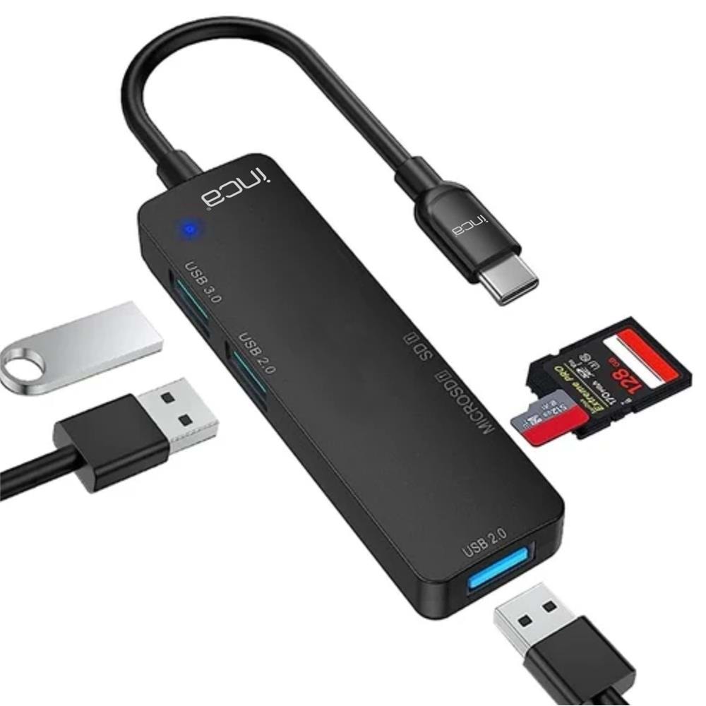 Inca ITPC-5T Type-C Giriş 2XUSB Sd-Micro Sd2.0 Çoklayıcı USB 3.0 Çoklayıcı Çevirici Mavi Led 