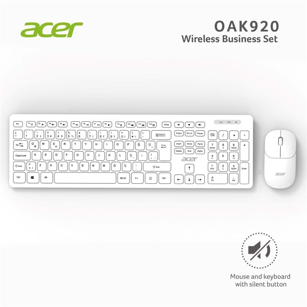 Acer OAK-920 Beyaz Kablosuz Sessiz Tuşlu 2.4Ghz Klavye Moue Set Beyaz (Mouse 1200Dpı) Caps Lock