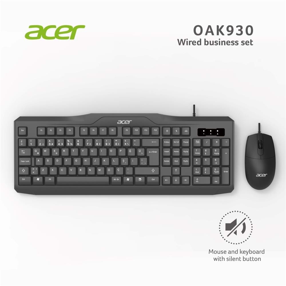 Acer OAK-930 Kablolu Sessiz Tuşlu Klavye Moue Set Siyah (Klavye 1,40Cm-Mouse 1.60Cm Kablo)