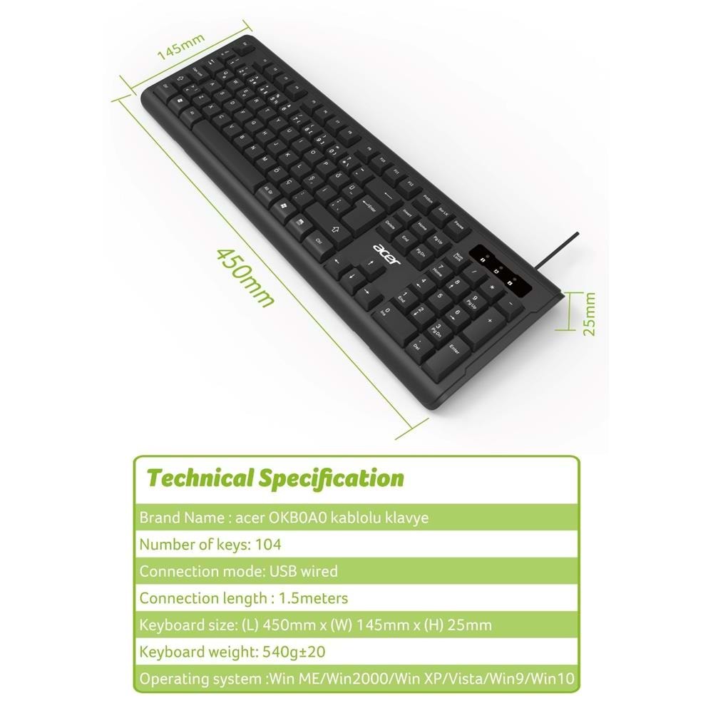 Acer OAK-0A0 Siyah Kablolu Sessiz Tuşlu Klavye (Caps Lock) (Kablo Uzunluğu 1.50Cm) Caps Lock