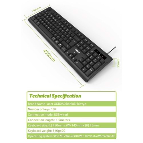 Acer OAK-0A0 Siyah Kablolu Sessiz Tuşlu Klavye (Caps Lock) (Kablo Uzunluğu 1.50Cm) Caps Lock