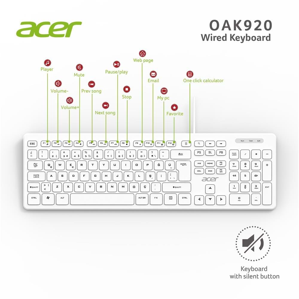 Acer OAK920 Q Usb Beyaz 1.8mt Kablolu Klavye-Tek Tuş Hesap Makinalı (Sessiz Tuş) 